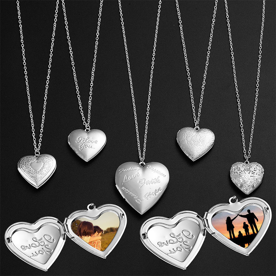 Gravierte Design-Liebe-Halskette – Personalisierte herzförmige Foto-Rahmen-Pendant-Halskette für Frauen – Familienschmuck für den Valentinstag